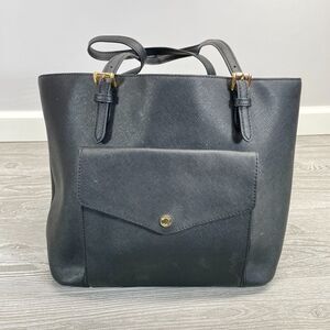 Michael Kors Jet Set Signature Large Tote Purse Black Leather Snap Outer Pocket